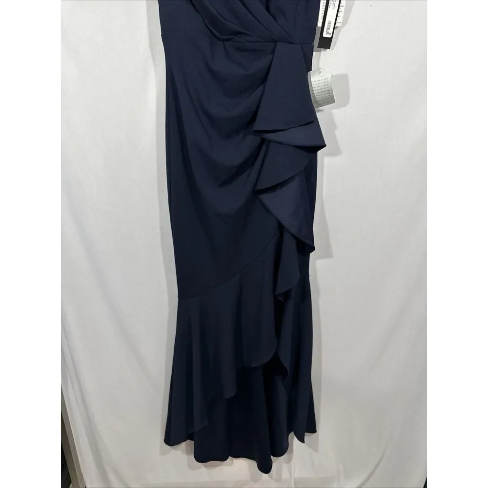 NWT $249 Betsy & Adam [ 6‎ ] V Neck Ruffled High-Low Gown Navy Blue